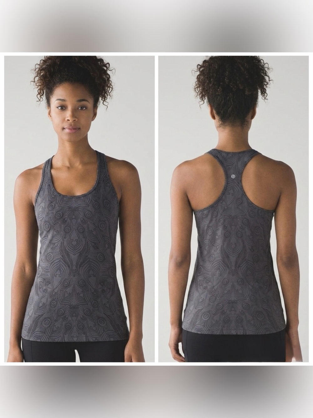 Lululemon Cool Racerback Tank Top Peacock Feather Dot Black Gray Size 6